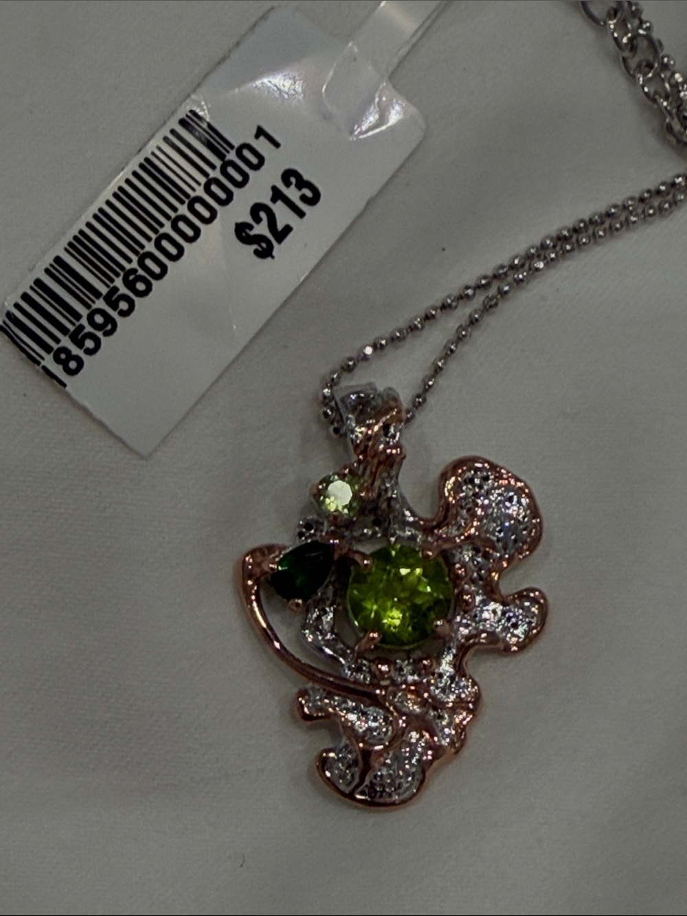 Genuine Peridot-Green & Rose  Gold Floral Crystal Pendant Necklace Sterling Silv